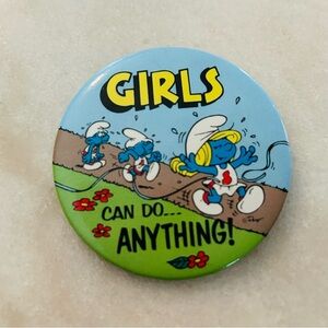 1982 Smurfette Pinback Button Vintage Girls Can Do Anything Smurfette Button Pin